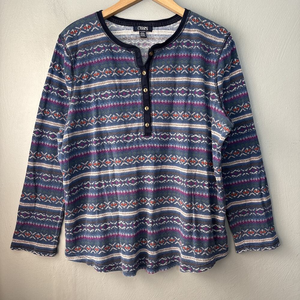 Chaps Henley Shirt Plus Size 2X Blue Waffle Thermal Knit Southwestern Casual